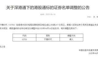 宁德时代港股今天调入港股通